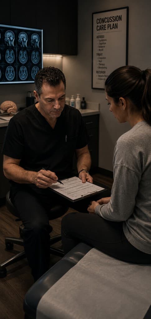 Neurosurgeon consulting with a patient