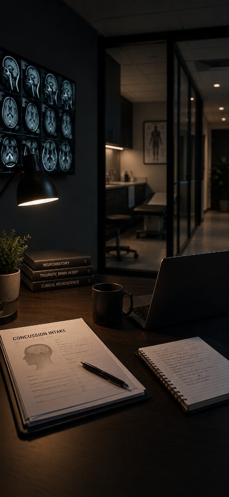 Concussion intake form on a neurosurgeon's desk