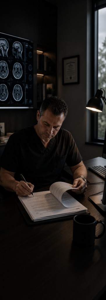Neurosurgeon reviewing clinical documents